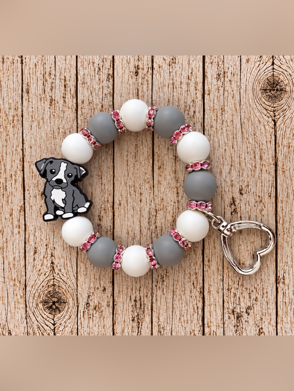 Gray & White pit Bull Puppy Beaded Keyring Bracelet with Pink Accents